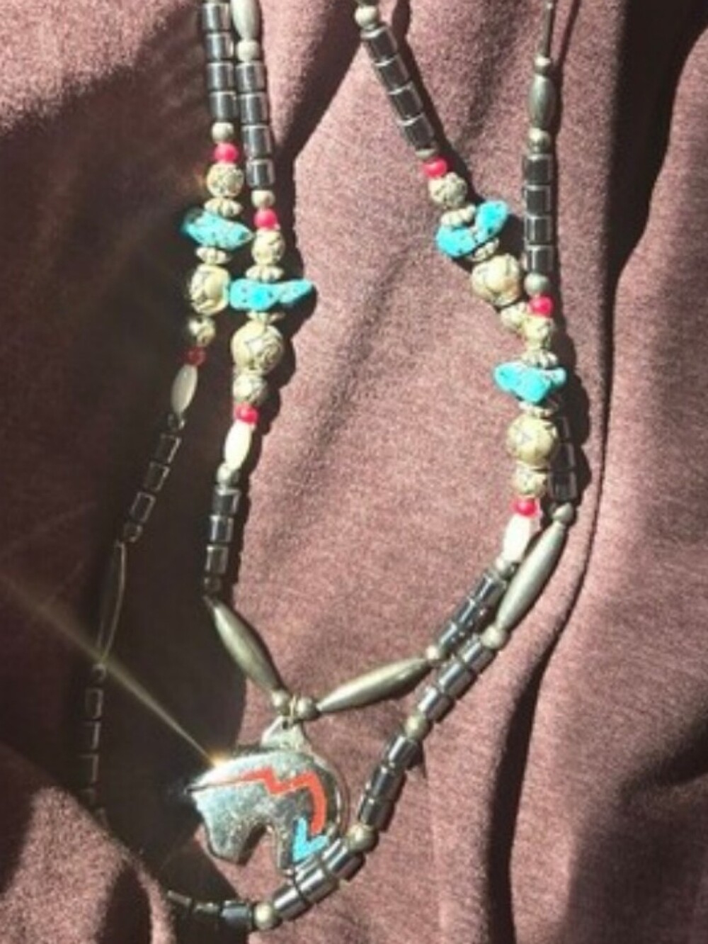 Vintage Navajo Spirit Bear Sterling Silver Turquoise Beaded Double Strand View 4